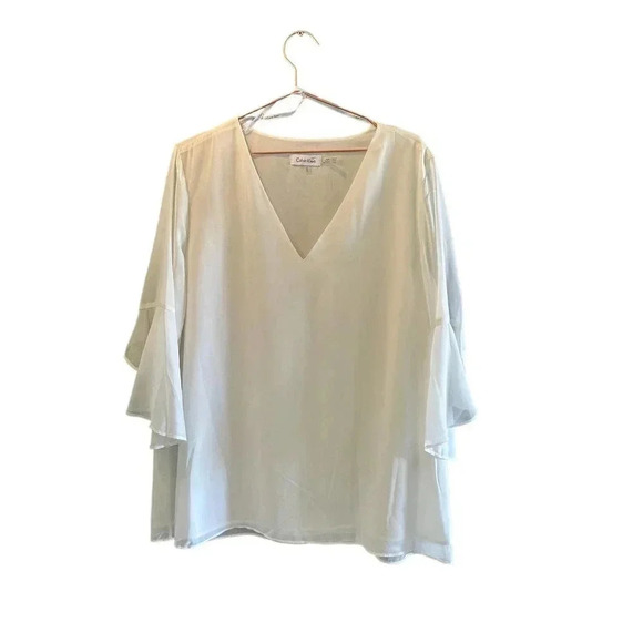 Calvin Klein Women's White Bell Sleeve V-Neck Chiffon Blouse Top Size XL - Picture 5 of 5